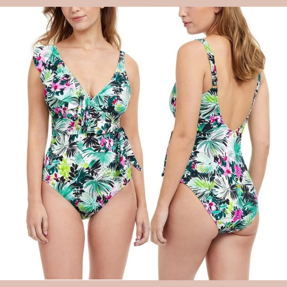 NWT Profile Gottex [ 10 ] Beautiful Day V-Neck Ruffle‎ One Piece Swimsuit T1963